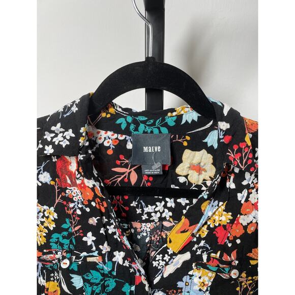 MAEVE Anthropologie Floral Woodland Friends Blouse 0 Rayon Animal Flowy Black - Picture 4 of 10